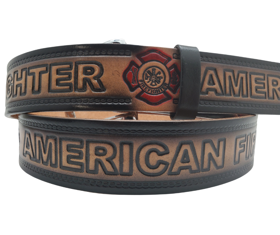 &nbsp; A Basic Buckle is INCLUDED just not pitured. This USA made veg-tan leather belt is approx. 1/8" thick, 1 1/2"width with no fillers to split or rip apart. The belt features Fire Trucks, Emblem, Vintage horse wagon, and F-D pattern around the entire belt in black and red. The leather is comfortable from day one&nbsp; &nbsp;Buckle is snapped on for easy buckle change. Colors may vary do to the manufacturing process. Available in our Smyrna,TN store. 