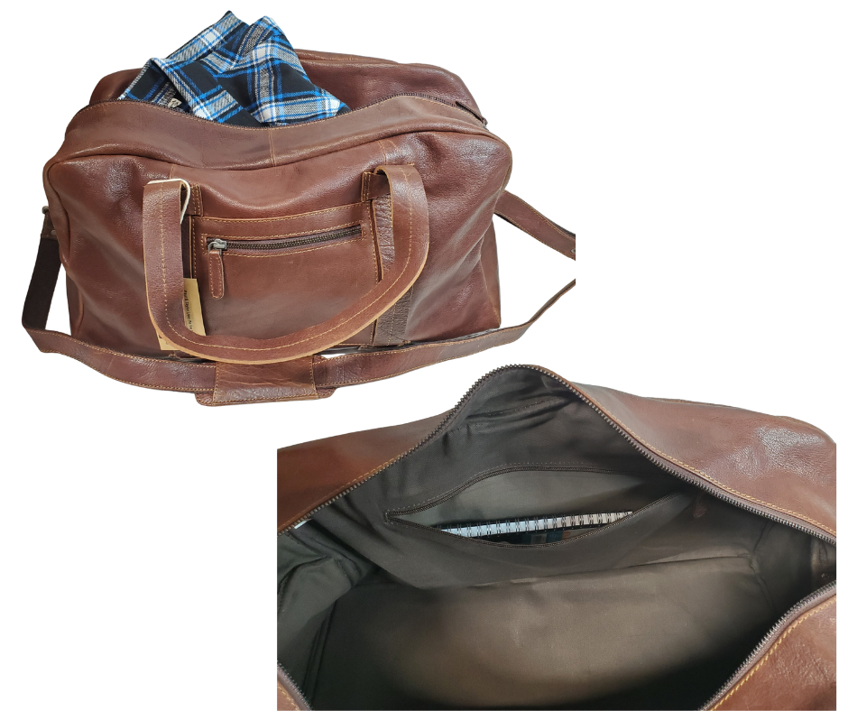 The Traveler Leather Duffel bag is available at our Smyrna, TN shop not far from Nashville. It has a single zip pocket on the side approx. 6.5 x 6.5”. Detachable leather shoulder strap is reinforced with cotton webbing, 2 leather strap handles, one on each side with reinforcement stitching and handle snaps. Spacious inside compartment with a two-way zipper. Inside pockets on each side one zips and the other is open. Lined with sturdy fabric. Bottom of bag has five rounded feet 