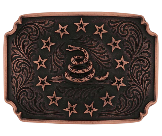 Pack a punch wherever you go with the Founders Buckle. A rose gold finished Gadsden snake sits prominently in the center of the buckle with a border of rose gold finished stars encircling it. A dark antiquing on the rose gold finished backdrop with filigree etching provides a memorizing contrast. A rose gold plated edge borders the entire buckle. Standard 1.5 inch swivel. Get yours at our local Smyrna, TN not far from Nashville.