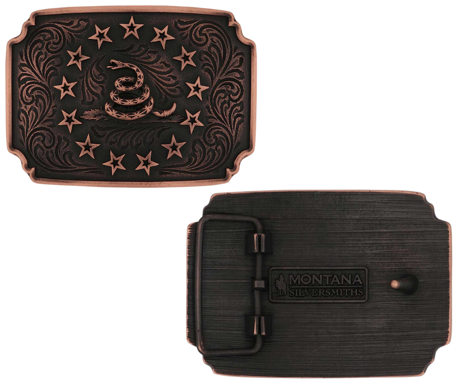 Pack a punch wherever you go with the Founders Buckle. A rose gold finished Gadsden snake sits prominently in the center of the buckle with a border of rose gold finished stars encircling it. A dark antiquing on the rose gold finished backdrop with filigree etching provides a memorizing contrast. A rose gold plated edge borders the entire buckle. Standard 1.5 inch swivel. Get yours at our local Smyrna, TN not far from Nashville.