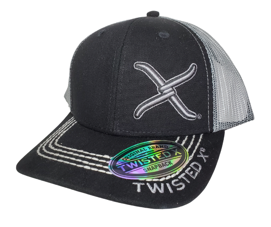 The western Twisted X boot brand mesh snapback trucker cap has the well known oversized "X" graphic on front on the left front in gray stitching. The Black and Gray cap also has 4 rows of white contrast stitching on the bill and a adjustable strap to assist in helping this hat fit almost any size head. Come and and get it at our Smyrna, TN shop a short ride outside Nashville.  COLOR: BLACK/GRAY