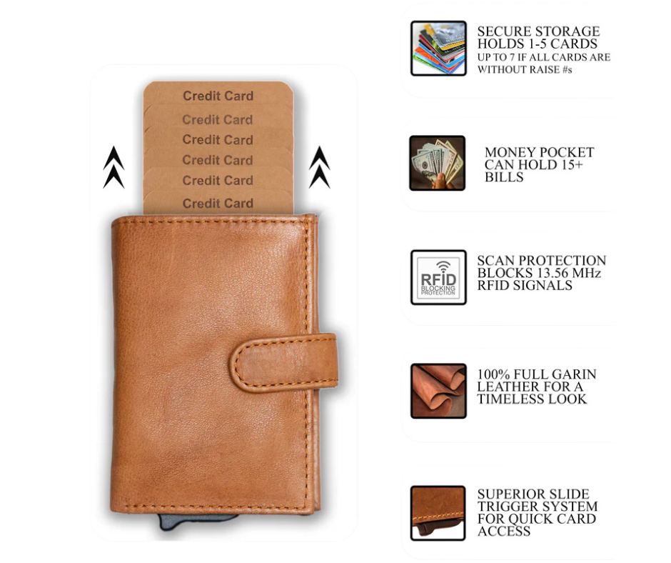 The Nova Auto Pop-Up Wallet is available at our Smyrna, TN shop. A minimalist design and practicality. Made from premium full-grain leather. It offers ample storage for up to 8 cards, an ID, bills, and coins. The unique auto pop-up mechanism allows quick access to your cards with a simple push, while built-in RFID protection keeps your personal information secure.

Wallet Dimensions:&nbsp;4" L x 3" H x .75" D