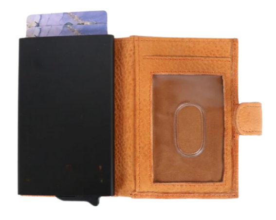 The Nova Auto Pop-Up Wallet is available at our Smyrna, TN shop. A minimalist design and practicality. Made from premium full-grain leather. It offers ample storage for up to 8 cards, an ID, bills, and coins. The unique auto pop-up mechanism allows quick access to your cards with a simple push, while built-in RFID protection keeps your personal information secure.

Wallet Dimensions:&nbsp;4" L x 3" H x .75" D