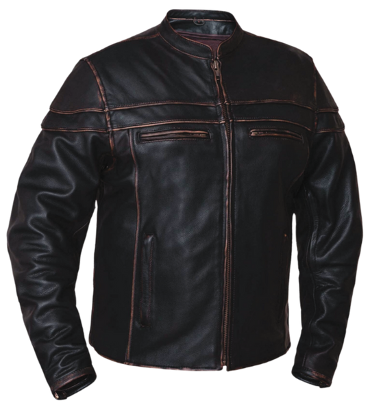 The "Jax"&nbsp;Weathered Brown Leather Motorcycle Jacket is made from top-quality cowhide leather and features a sleek European style collar. It also has a simple, clean appearance and useful design elements, such as two zippered side pockets, zippered vents, and two inside concealed carry pockets. The jacket also comes with a full sleeve zip out liner and is available in sizes from S to 5XL. You can find this jacket in stock at our Smyrna, TN shop, only 30 minutes away from downtown Nashville.