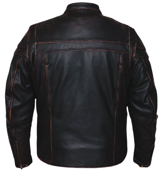 The "Jax"&nbsp;Weathered Brown Leather Motorcycle Jacket is made from top-quality cowhide leather and features a sleek European style collar. It also has a simple, clean appearance and useful design elements, such as two zippered side pockets, zippered vents, and two inside concealed carry pockets. The jacket also comes with a full sleeve zip out liner and is available in sizes from S to 5XL. You can find this jacket in stock at our Smyrna, TN shop, only 30 minutes away from downtown Nashville.