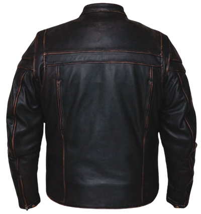 The "Jax"&nbsp;Weathered Brown Leather Motorcycle Jacket is made from top-quality cowhide leather and features a sleek European style collar. It also has a simple, clean appearance and useful design elements, such as two zippered side pockets, zippered vents, and two inside concealed carry pockets. The jacket also comes with a full sleeve zip out liner and is available in sizes from S to 5XL. You can find this jacket in stock at our Smyrna, TN shop, only 30 minutes away from downtown Nashville.