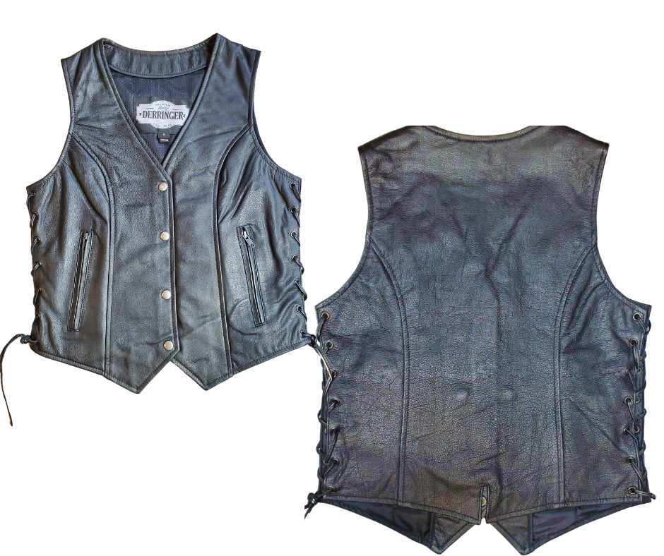 Lightweight Black leather ladies side laced motorcycle riding vest. Made from lighter weight Cowhide and contains conceal carry pockets on front insides. It has a 3 panel pack and snap front closure. It has a v-neck opening and a V-slot on the lower back for a better fit. Available for purchase in our leather shop in Smyrna, TN, near Nashville. Available in sizes XS to 5X.

Includes Carry conceal pockets on Right and Left sides
Side lace for size adjustment
3 panel back