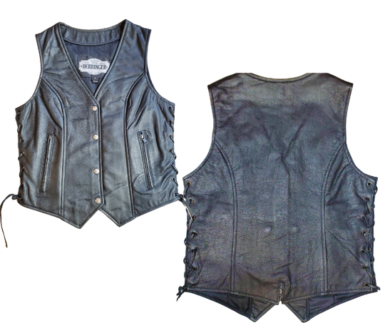 Lightweight Black leather ladies side laced motorcycle riding vest. Made from lighter weight Cowhide and contains conceal carry pockets on front insides. It has a 3 panel pack and snap front closure. It has a v-neck opening and a V-slot on the lower back for a better fit. Available for purchase in our leather shop in Smyrna, TN, near Nashville. Available in sizes XS to 5X.

Includes Carry conceal pockets on Right and Left sides
Side lace for size adjustment
3 panel back