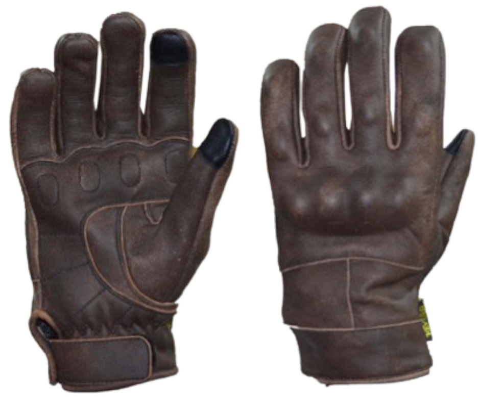 Made of Cowhide Men's Knuckle Armor Leather Riding Gloves. Kevlar Palms and lining, Finger Touch tech for easy phone use. Adjustable Strap, reinforced palm. Great for Motorcycle Rides on cooler days. They are available in our shop just outside Nashville in Smyrna, TN.