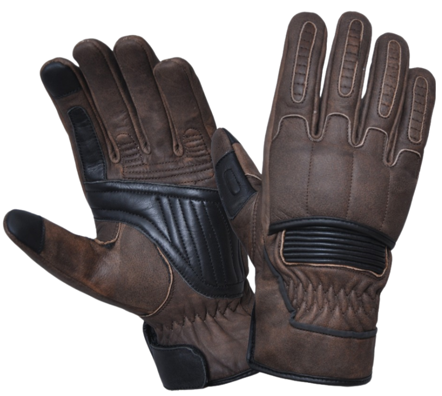Men's Brown Leather Riding Gloves with black accents. Kevlar Palms and lining, decorative stitching. Finger Touch tech for easy phone use. Adjustable Strap, reinforced palm. Great for Motorcycle Rides on cooler days. They are available in our shop just outside Nashville in Smyrna, TN.
