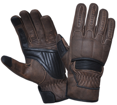 Men's Brown Leather Riding Gloves with black accents. Kevlar Palms and lining, decorative stitching. Finger Touch tech for easy phone use. Adjustable Strap, reinforced palm. Great for Motorcycle Rides on cooler days. They are available in our shop just outside Nashville in Smyrna, TN.