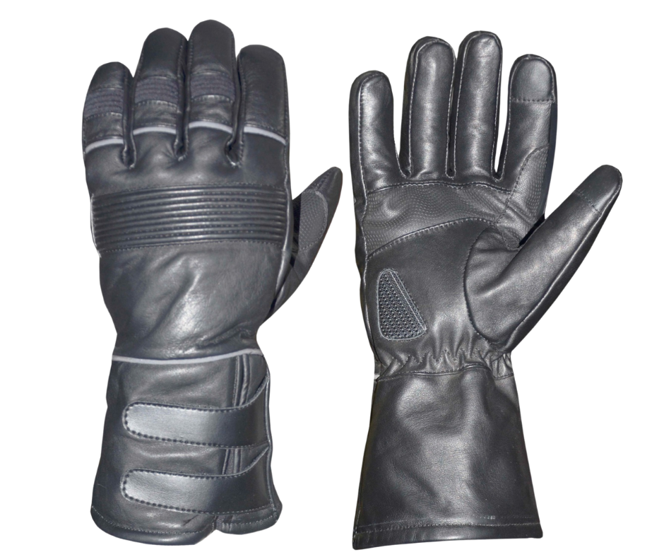 Reflective Cowhide Men's Leather Gauntlet Gloves featuring Reflective strips on the fingers and wrist for night time rides. 2 adjustable wrist straps, reinforced palm, Touch Tech fingers for cell phone use. One of our heavier thicker gloves. With Gauntlets you are able to have your jacket sleeves up into glove to keep cold air&nbsp; from going up your sleeves. Great for Motorcycle Rides on cooler days and nights. They are available in our shop just outside Nashville in Smyrna, TN. Sizes S-5X.