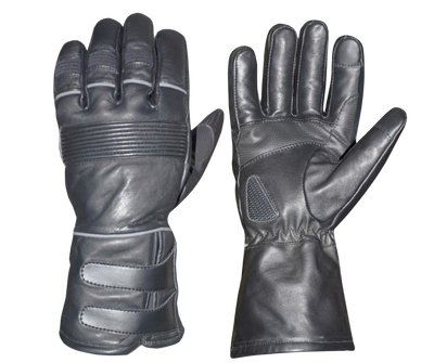 Reflective Cowhide Men's Leather Gauntlet Gloves featuring Reflective strips on the fingers and wrist for night time rides. 2 adjustable wrist straps, reinforced palm, Touch Tech fingers for cell phone use. One of our heavier thicker gloves. With Gauntlets you are able to have your jacket sleeves up into glove to keep cold air&nbsp; from going up your sleeves. Great for Motorcycle Rides on cooler days and nights. They are available in our shop just outside Nashville in Smyrna, TN. Sizes S-5X.