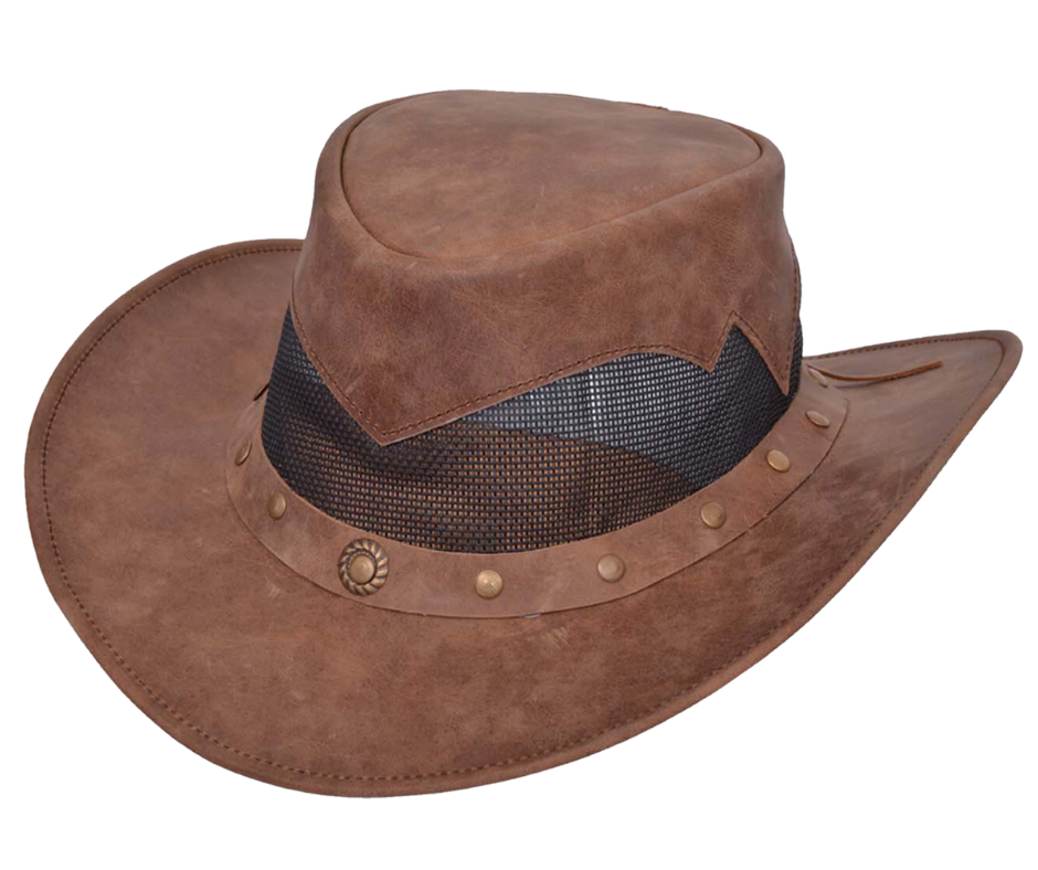 Get your Western on with our Rustic Brown Leather El Indio style hat with a Unique Antique brass concho band. The unique feature of MESH around the crown helps keep your head ventilated. Most people love this outback style because of their low crown and smaller brim. Wire is sewn into the brim to style it your own way. Get'em at our Smyrna, TN store a short jaunt from downtown Nashville. Imported