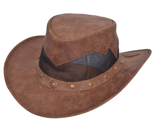 Get your Western on with our Rustic Brown Leather El Indio style hat with a Unique Antique brass concho band. The unique feature of MESH around the crown helps keep your head ventilated. Most people love this outback style because of their low crown and smaller brim. Wire is sewn into the brim to style it your own way. Get'em at our Smyrna, TN store a short jaunt from downtown Nashville. Imported