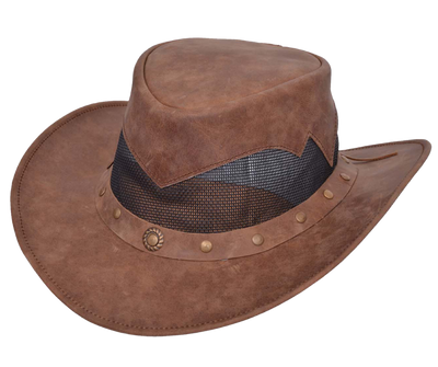 Get your Western on with our Rustic Brown Leather El Indio style hat with a Unique Antique brass concho band. The unique feature of MESH around the crown helps keep your head ventilated. Most people love this outback style because of their low crown and smaller brim. Wire is sewn into the brim to style it your own way. Get'em at our Smyrna, TN store a short jaunt from downtown Nashville. Imported