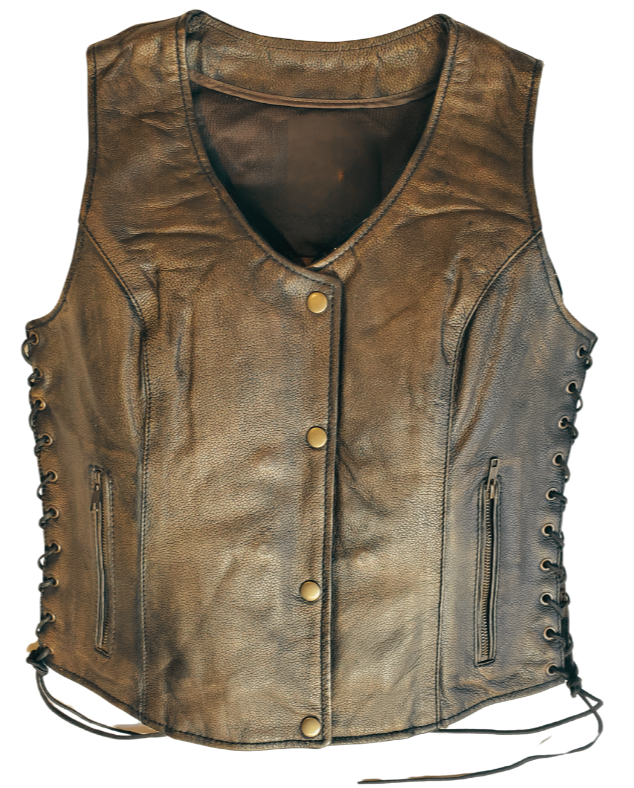 Classic V-neck style ladies brown leather side laced motorcycle riding vest featuring a SNAP/ZIP front.&nbsp; Made from lighter weight Lambskin and is Available for purchase in our leather shop in Smyrna, TN, near Nashville.&nbsp; Available in sizes S to 5X.

Includes Carry conceal pockets on Right and Left sides
Side lace for size adjustment
3 panel back