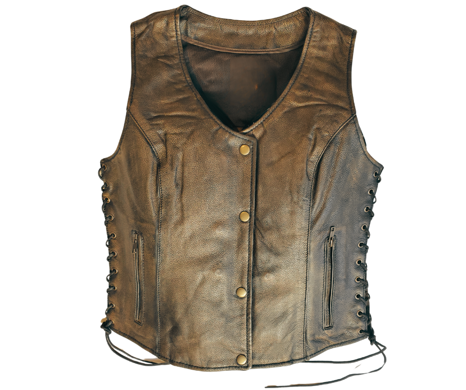 Classic V-neck style ladies brown leather side laced motorcycle riding vest featuring a SNAP/ZIP front.&nbsp; Made from lighter weight Lambskin and is Available for purchase in our leather shop in Smyrna, TN, near Nashville.&nbsp; Available in sizes S to 5X.

Includes Carry conceal pockets on Right and Left sides
Side lace for size adjustment
3 panel back