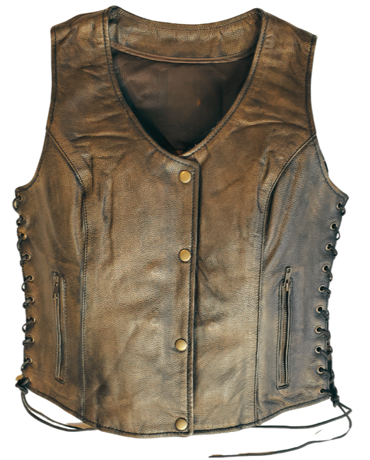 Classic V-neck style ladies brown leather side laced motorcycle riding vest featuring a SNAP/ZIP front.&nbsp; Made from lighter weight Lambskin and is Available for purchase in our leather shop in Smyrna, TN, near Nashville.&nbsp; Available in sizes S to 5X.

Includes Carry conceal pockets on Right and Left sides
Side lace for size adjustment
3 panel back