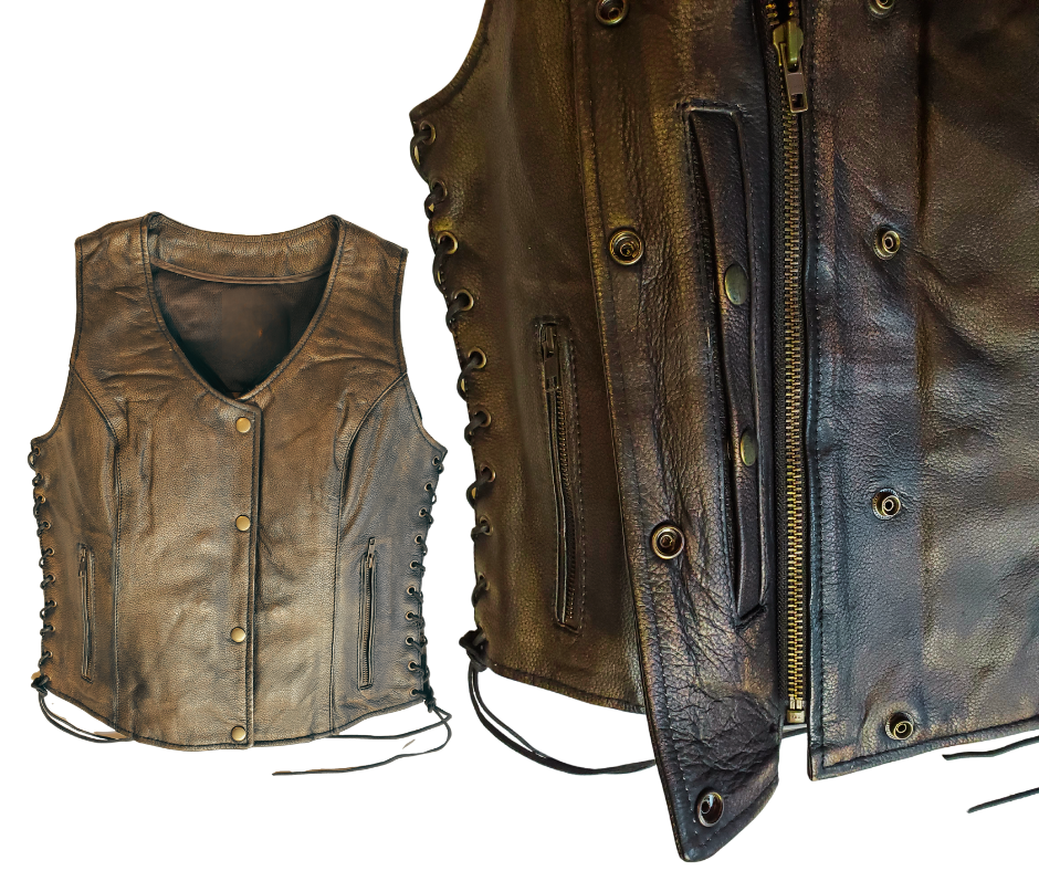 Classic V-neck style ladies brown leather side laced motorcycle riding vest featuring a SNAP/ZIP front. Made from lighter weight Lambskin and is Available for purchase in our leather shop in Smyrna, TN, near Nashville. Available in sizes S to 5X.

Includes Carry conceal pockets on Right and Left sides
Side lace for size adjustment
3 panel back