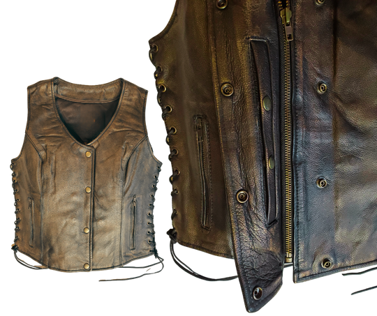 Classic V-neck style ladies brown leather side laced motorcycle riding vest featuring a SNAP/ZIP front. Made from lighter weight Lambskin and is Available for purchase in our leather shop in Smyrna, TN, near Nashville. Available in sizes S to 5X.

Includes Carry conceal pockets on Right and Left sides
Side lace for size adjustment
3 panel back