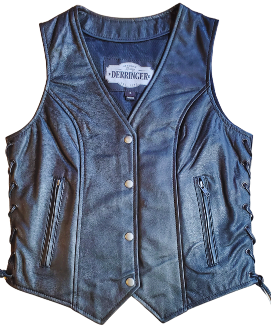 Lightweight Black leather ladies side laced motorcycle riding vest. Made from lighter weight Cowhide and contains conceal carry pockets on front insides. It has a 3 panel pack and snap front closure. It has a v-neck opening and a V-slot on the lower back for a better fit. Available for purchase in our leather shop in Smyrna, TN, near Nashville. Available in sizes XS to 5X.

Includes Carry conceal pockets on Right and Left sides
Side lace for size adjustment
3 panel back