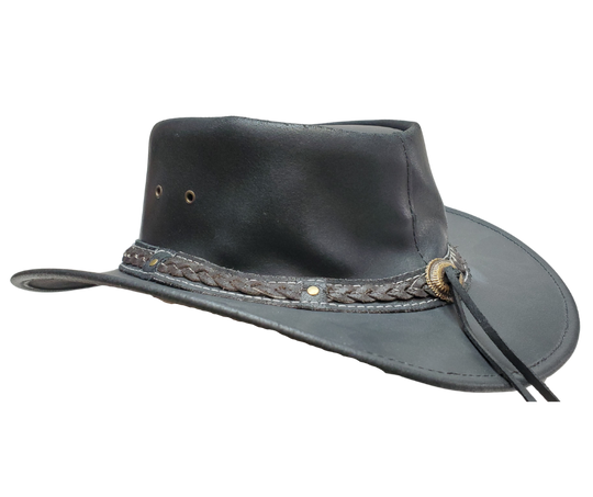 Get your Aussie on with our Black Hombre Leather Outback style hat with a Unique Braided and riveted band. Most people love this outback style because of their low crown and smaller brim. Wire is sewn into the brim to style it your own way. Get'em at our Smyrna, TN store a short jaunt from downtown Nashville. Imported