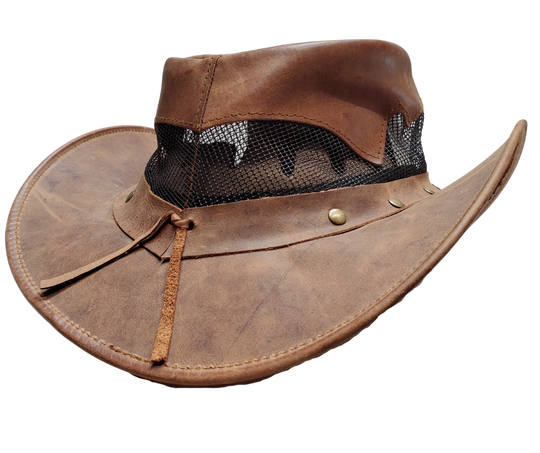 Get your Western on with our Rustic Brown Leather El Indio style hat with a Unique Antique brass concho band. The unique feature of MESH around the crown helps keep your head ventilated. Most people love this outback style because of their low crown and smaller brim. Wire is sewn into the brim to style it your own way. Get'em at our Smyrna, TN store a short jaunt from downtown Nashville. Imported