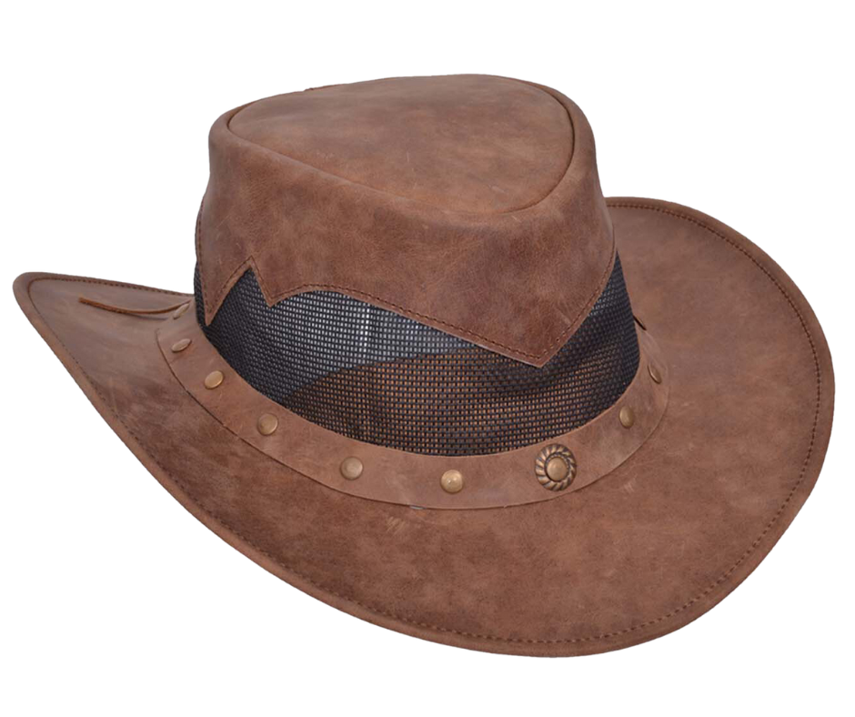 Get your Western on with our Rustic Brown Leather El Indio style hat with a Unique Antique brass concho band. The unique feature of MESH around the crown helps keep your head ventilated. Most people love this outback style because of their low crown and smaller brim. Wire is sewn into the brim to style it your own way. Get'em at our Smyrna, TN store a short jaunt from downtown Nashville. Imported