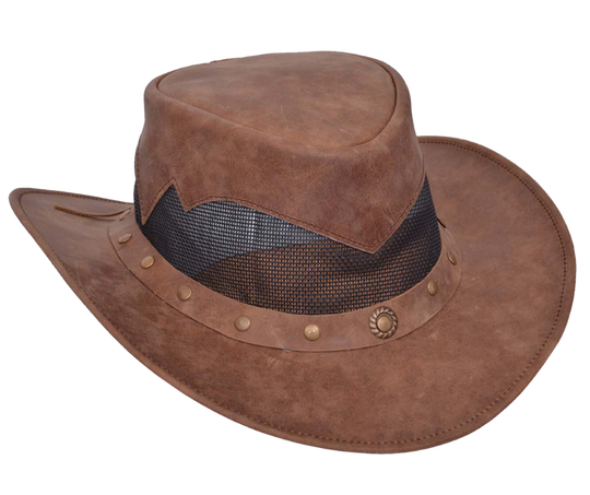 Get your Western on with our Rustic Brown Leather El Indio style hat with a Unique Antique brass concho band. The unique feature of MESH around the crown helps keep your head ventilated. Most people love this outback style because of their low crown and smaller brim. Wire is sewn into the brim to style it your own way. Get'em at our Smyrna, TN store a short jaunt from downtown Nashville. Imported