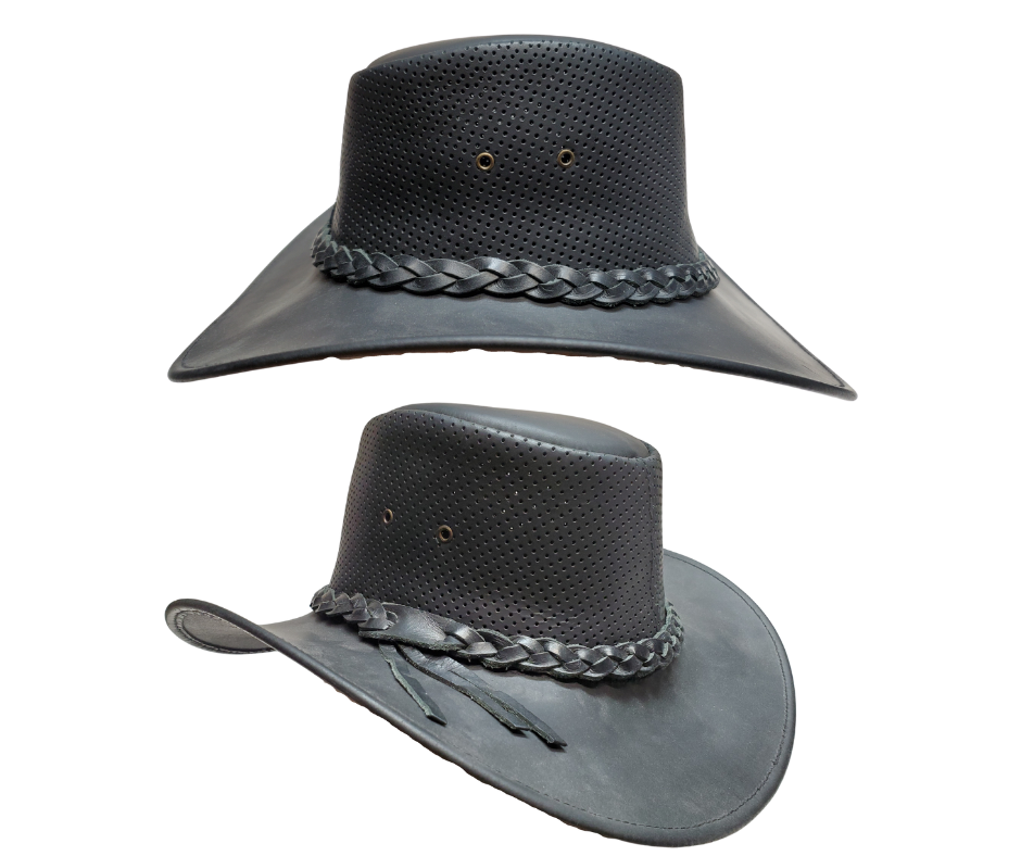 Get your Aussie on with our Stockburn Black Leather Outback style hat with a Perforated Top and sides great for summer wearing. Most people love these because of their low crown and smaller brim. Get'em at our Smyrna, TN store a short jaunt from downtown Nashville. Imported