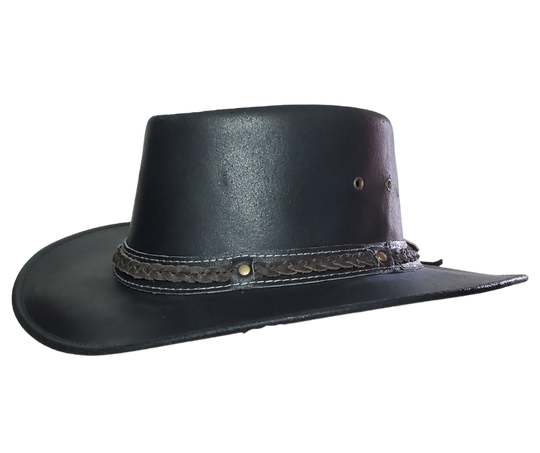 Get your Aussie on with our Black Hombre Leather Outback style hat with a Unique Braided and riveted band. Most people love this outback style because of their low crown and smaller brim. Wire is sewn into the brim to style it your own way. Get'em at our Smyrna, TN store a short jaunt from downtown Nashville. Imported