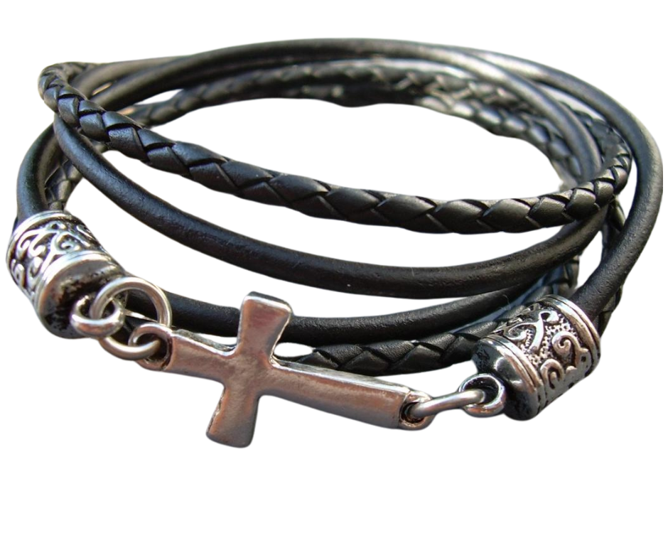 This double strand, Triple wrap, black braided, Leather Cross bracelet. Double strands of 3mm Leather Cord. The secure lobster clasp makes for a quick on and off. A great set of " His and Her" leather bracelets. Available at Buckle and Hide leather in Smyrna, TN.