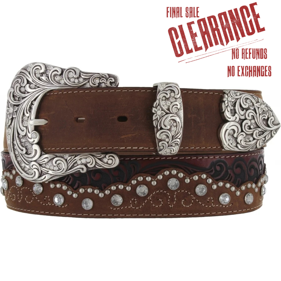 Your name doesn't have to be Kaitlyn to BLING out! The ornate 3 piece buckle is the perfect match for the western tooling, stitching and the BLING! It's 1 1/2" wide and embossed with a western style that you would find on your night out. The leather is a combination floral-tooled inlay, Swarovski crystal accents, nailhead details, beautiful tones of color. Sizing 34" to 42". It's made by Brighton for Tony Lama and is available in our Smyrna, TN shop.