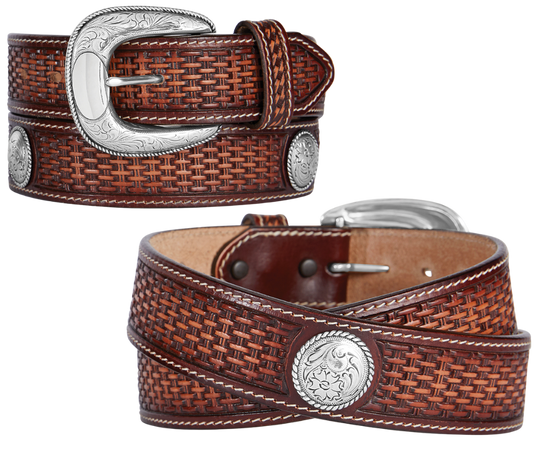 The beauty of this Basket weave belt is the white border stitching and Faded brown to tan center colors that bring out its rich textural pattern. A Silver colored Conchos and buckle echoes the design on the strap. Proudly handcrafted in the USA with imported materials. Belt is 1 1/2" wide and has snaps for simple buckle change. Available at our Smyrna, TN shop just outside Nashville.  Made in USA by Brighton for Tony Lama.