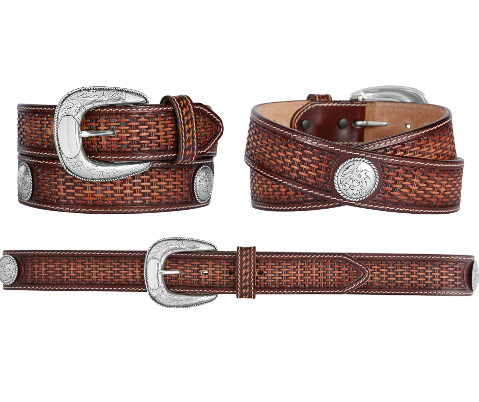 The beauty of this Basket weave belt is the white border stitching and Faded brown to tan center colors that bring out its rich textural pattern. A Silver colored Conchos and buckle echoes the design on the strap. Proudly handcrafted in the USA with imported materials. Belt is 1 1/2" wide and has snaps for simple buckle change. Available at our Smyrna, TN shop just outside Nashville.  Made in USA by Brighton for Tony Lama.