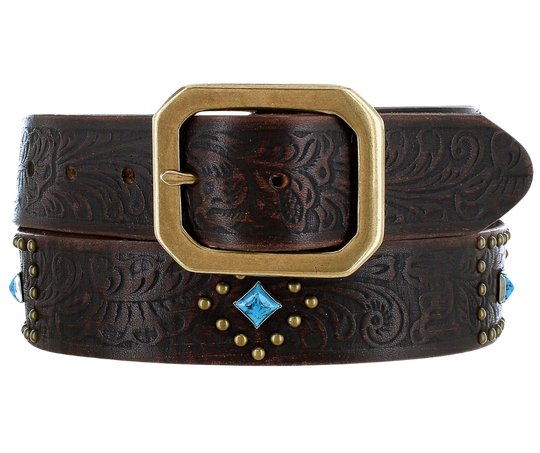 The rich leather belt strap has Western pattern floral embossing in dark brown accented with small round gold studs in a Diamond shaped pattern, a diamond shaped Turquoise colored stone, completed with a Clipped corner square buckle. It has snaps for easy buckle change. This chocolate brown color will match and go with a lot of boots and outfits and is available at our Smyrna, TN shop not far from Nashville.