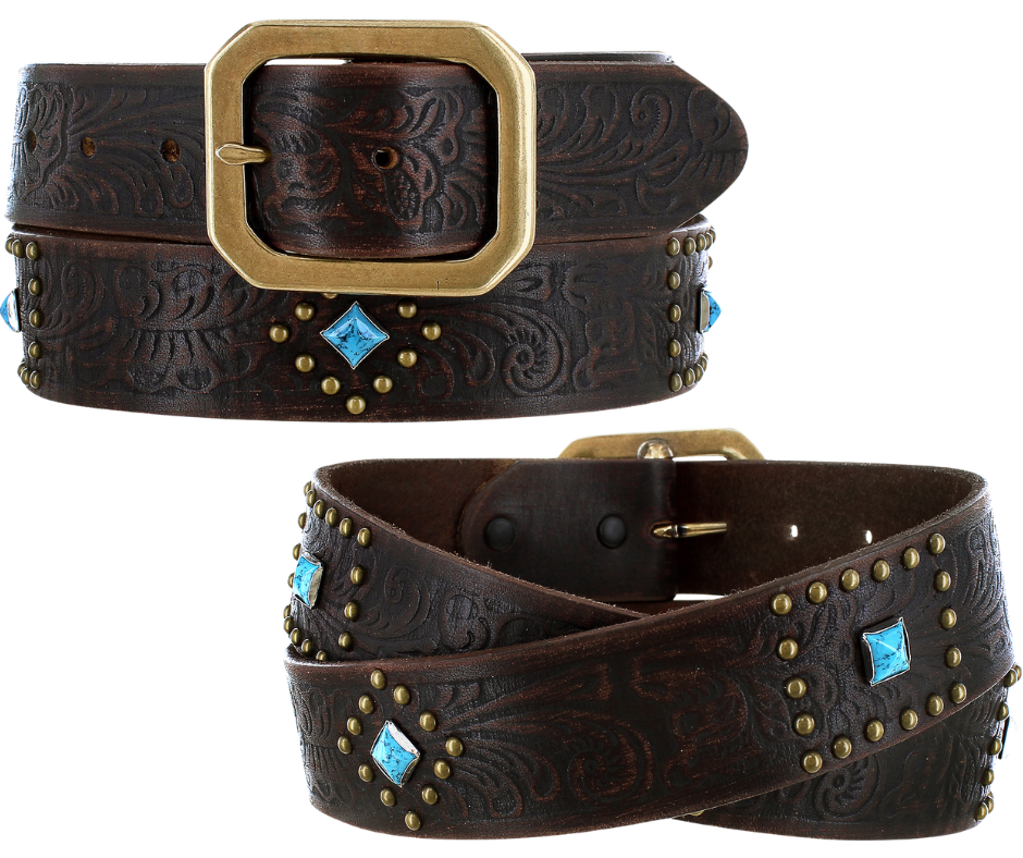 The rich leather belt strap has Western pattern floral embossing in dark brown accented with small round gold studs in a Diamond shaped pattern, a diamond shaped Turquoise colored stone, completed with a Clipped corner square buckle. It has snaps for easy buckle change. This chocolate brown color will match and go with a lot of boots and outfits and is available at our Smyrna, TN shop not far from Nashville.