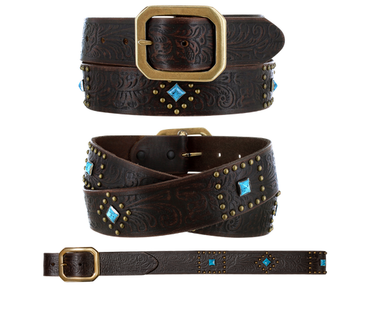 The rich leather belt strap has Western pattern floral embossing in dark brown accented with small round gold studs in a Diamond shaped pattern, a diamond shaped Turquoise colored stone, completed with a Clipped corner square buckle. It has snaps for easy buckle change. This chocolate brown color will match and go with a lot of boots and outfits and is available at our Smyrna, TN shop not far from Nashville.