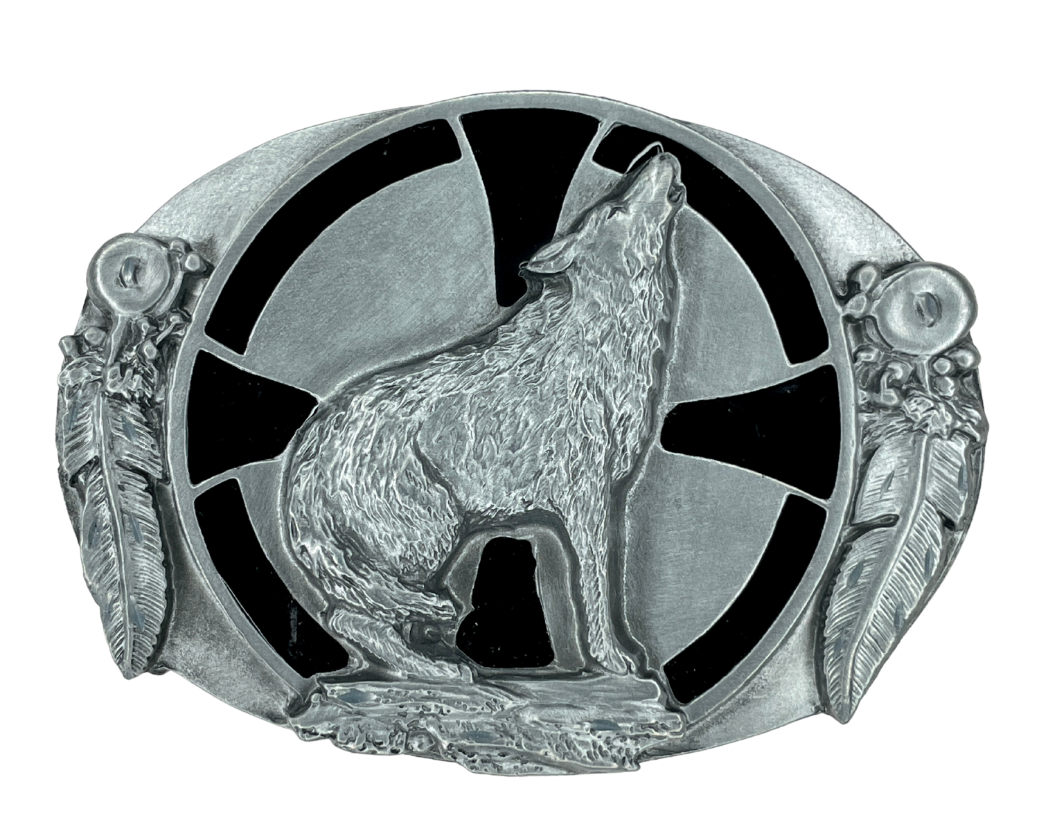 The Howling Wolf gives an at-the-ready feel with a howling wolf squatting before a black enameled Maltese cross and flanked by two feather ornaments. This pewter colored buckle fits 1 1/2" wide belt and is about 3 1/2"W x 2 3/4"H. Available in our shop just outside Nashville in Smyrna, TN