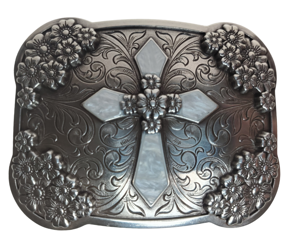 Has the Lord led you to the path of sacrifice that "The Way" of the Cross will be in your life? Show your commitment with this stunning buckle. A Pearl colored Cross in the center of a scroll design, plated in Antique silver, this beautiful buckle measures 2 3/4" tall and 3 3/4" wide, fitting belts up to 1 1/2" wide. Get it in-store at our Smyrna, TN location near Nashville or online today! Imported