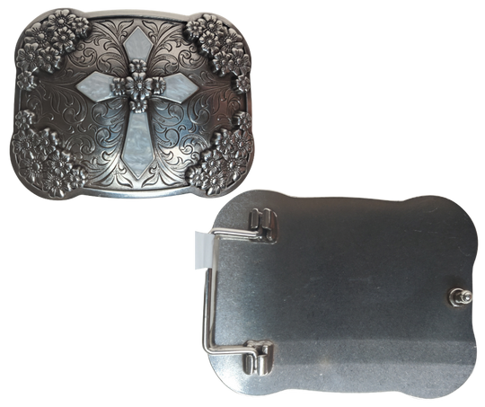 Has the Lord led you to the path of sacrifice that "The Way" of the Cross will be in your life? Show your commitment with this stunning buckle. A Pearl colored Cross in the center of a scroll design, plated in Antique silver, this beautiful buckle measures 2 3/4" tall and 3 3/4" wide, fitting belts up to 1 1/2" wide. Get it in-store at our Smyrna, TN location near Nashville or online today! Imported