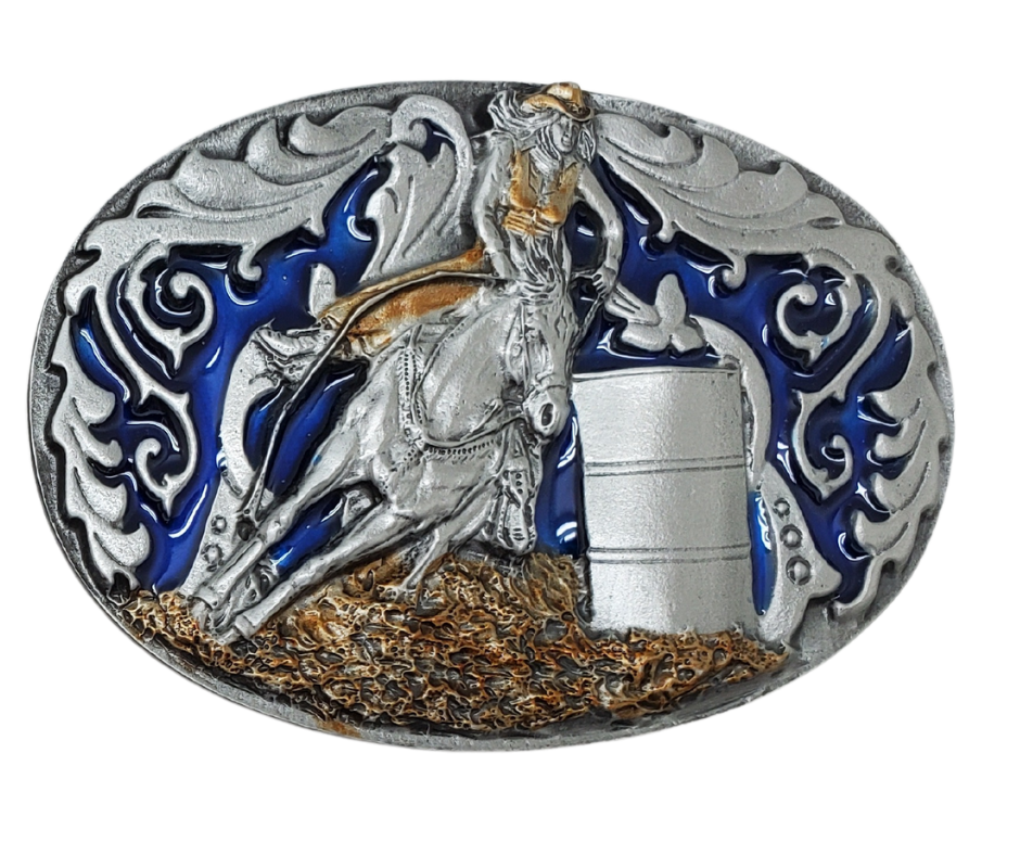 Show your appreciation for the Barrel Racers with this pewter belt buckle, perfect for 1 1/2" belts. Measuring 3-3/4" wide and 2-1/2" tall, it's available in our shop located just outside of Nashville in Smyrna, TN.