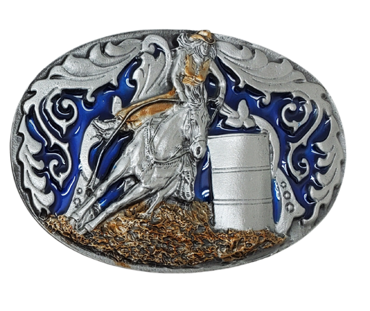 Show your appreciation for the Barrel Racers with this pewter belt buckle, perfect for 1 1/2" belts. Measuring 3-3/4" wide and 2-1/2" tall, it's available in our shop located just outside of Nashville in Smyrna, TN.