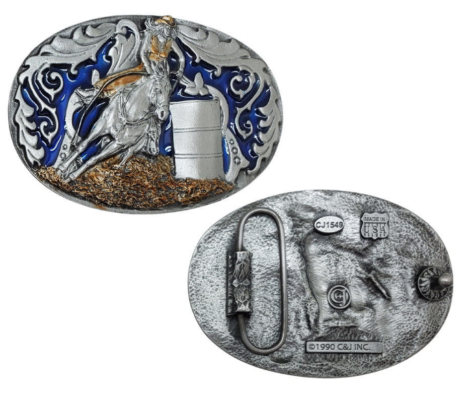 Show your appreciation for the Barrel Racers with this pewter belt buckle, perfect for 1 1/2" belts. Measuring 3-3/4" wide and 2-1/2" tall, it's available in our shop located just outside of Nashville in Smyrna, TN.