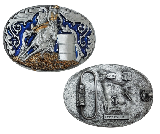 Show your appreciation for the Barrel Racers with this pewter belt buckle, perfect for 1 1/2" belts. Measuring 3-3/4" wide and 2-1/2" tall, it's available in our shop located just outside of Nashville in Smyrna, TN.