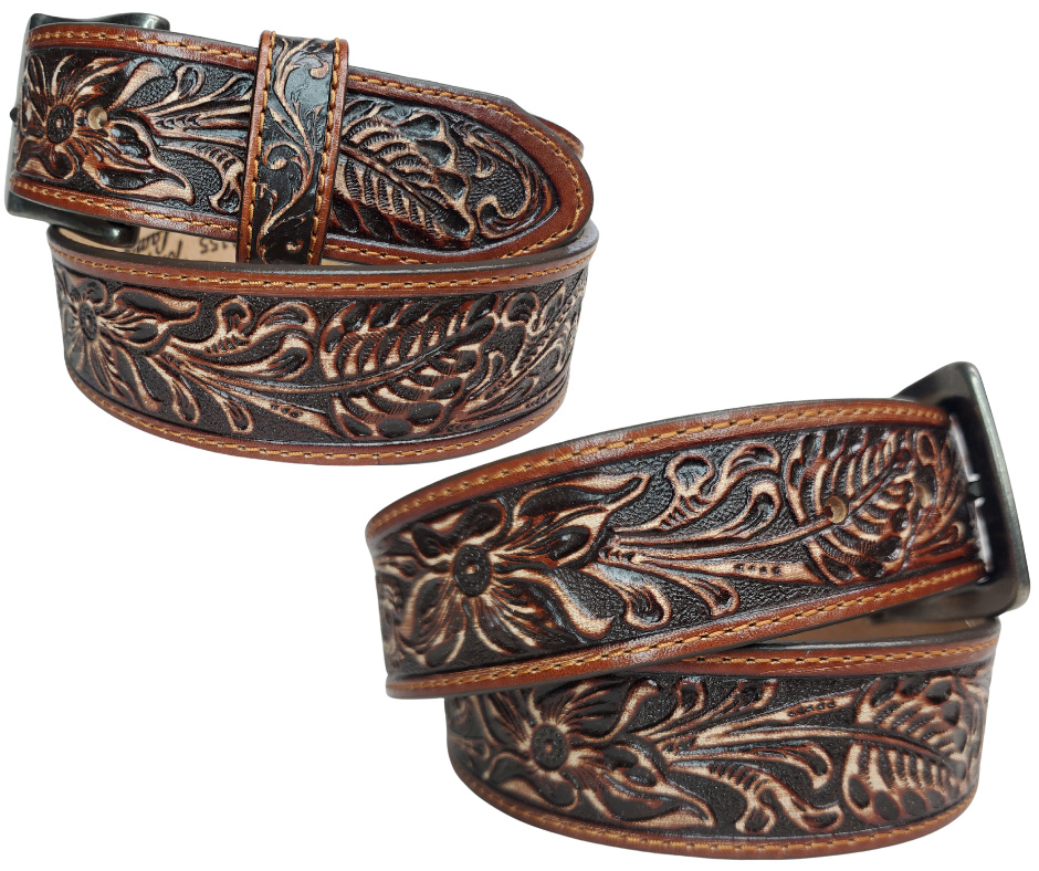 This leather belt perfectly captures the spirit of the Old West. It's 1 1/2" wide and embossed with a western style that you would find on any ranch. The leather is a beautiful deep mahogany brown with a black background to make the embossing pop out. Available in our Smyrna, TN shop.