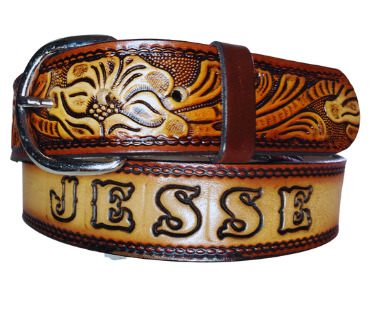 This leather belt has THE Classic Western Scroll pattern in a Brown Antiqued finish. Available in a 1 1/2" width. Full grain vegetable tanned cowhide, Width 1 1/2" and includes Nickle plated  buckle Smooth burnished painted edges. Made in USA! Type name OR No Name  in "Type Name Here" section.  Buckle snaps in place for easy changing if desired. In stock at our Smyrna, TN shop.