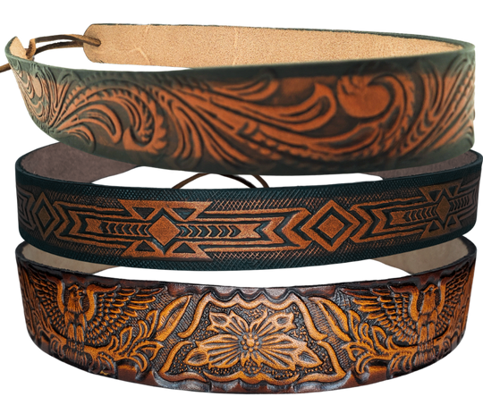 <p>A classic Western Styled pattern <b><i>Hand Stained</i></b> leather hatband. Band is 1" wide will fit up to size 7 1/2 hat. Matches our Rustler Belt. Fit's most any hat with adjustable bead and leather 1/8" string. Will fit most WESTERN crowned hats. Made in our Smyrna, TN. shop a short drive from downtown Nashville, TN.</p> <p>&nbsp;</p>