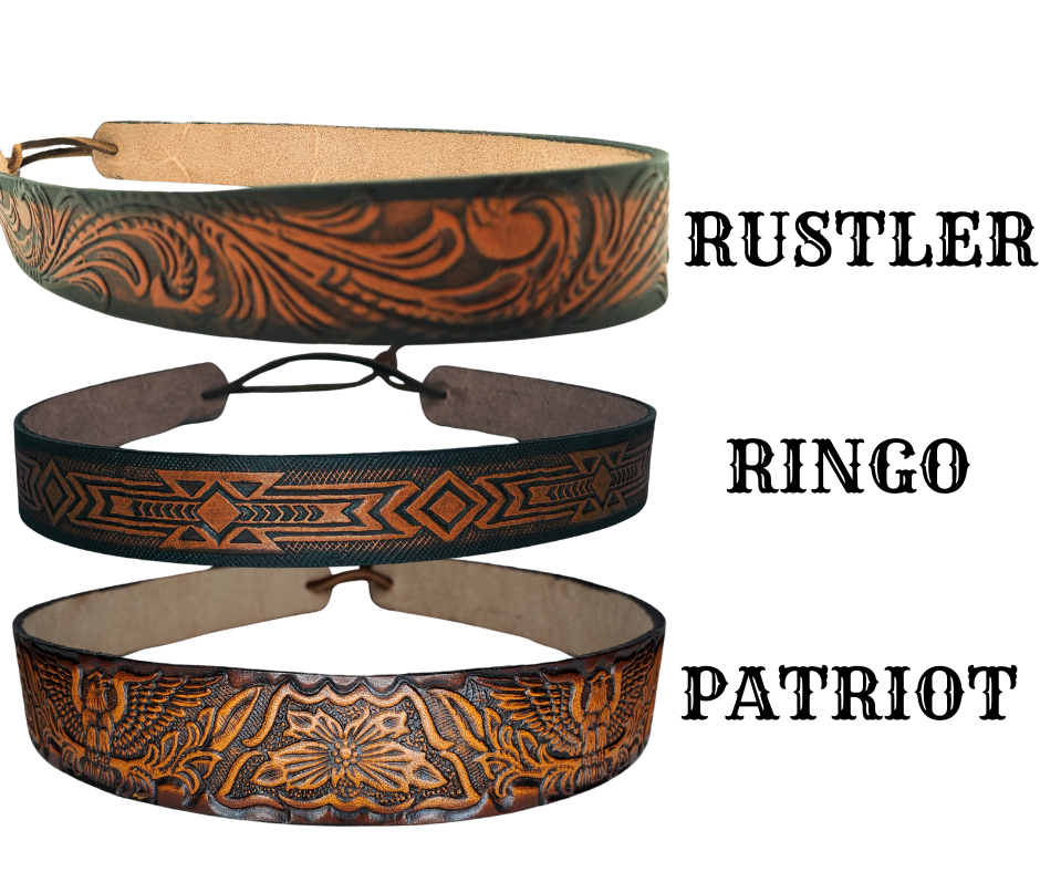 <p>A classic Western Styled pattern <b><i>Hand Stained</i></b> leather hatband. Band is 1" wide will fit up to size 7 1/2 hat. Matches our Rustler Belt. Fit's most any hat with adjustable bead and leather 1/8" string. Will fit most WESTERN crowned hats. Made in our Smyrna, TN. shop a short drive from downtown Nashville, TN.</p> <p>&nbsp;</p>